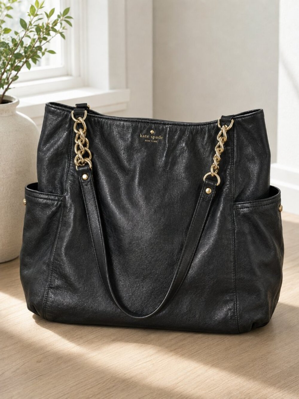 Kate Spade Litchfield Joelle Black Large Leather Tote Gold Chain and Hardware
